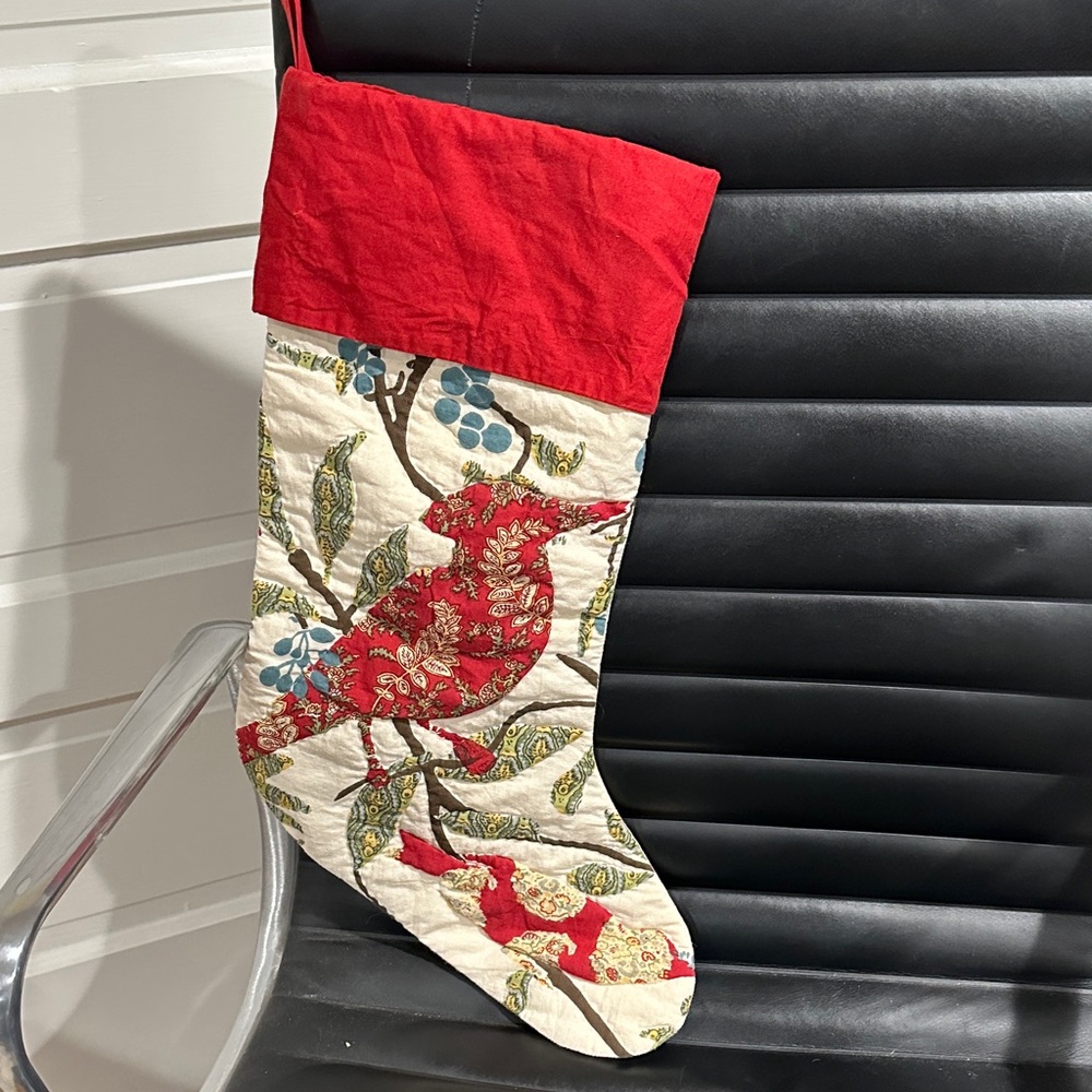 Pottery Barn Festive Red and Cream Bird Stocking